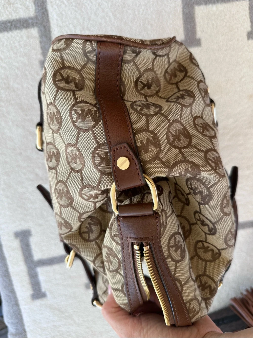 Michael Kors Beige and Brown MK Logo Satchel with Gold Hardware
